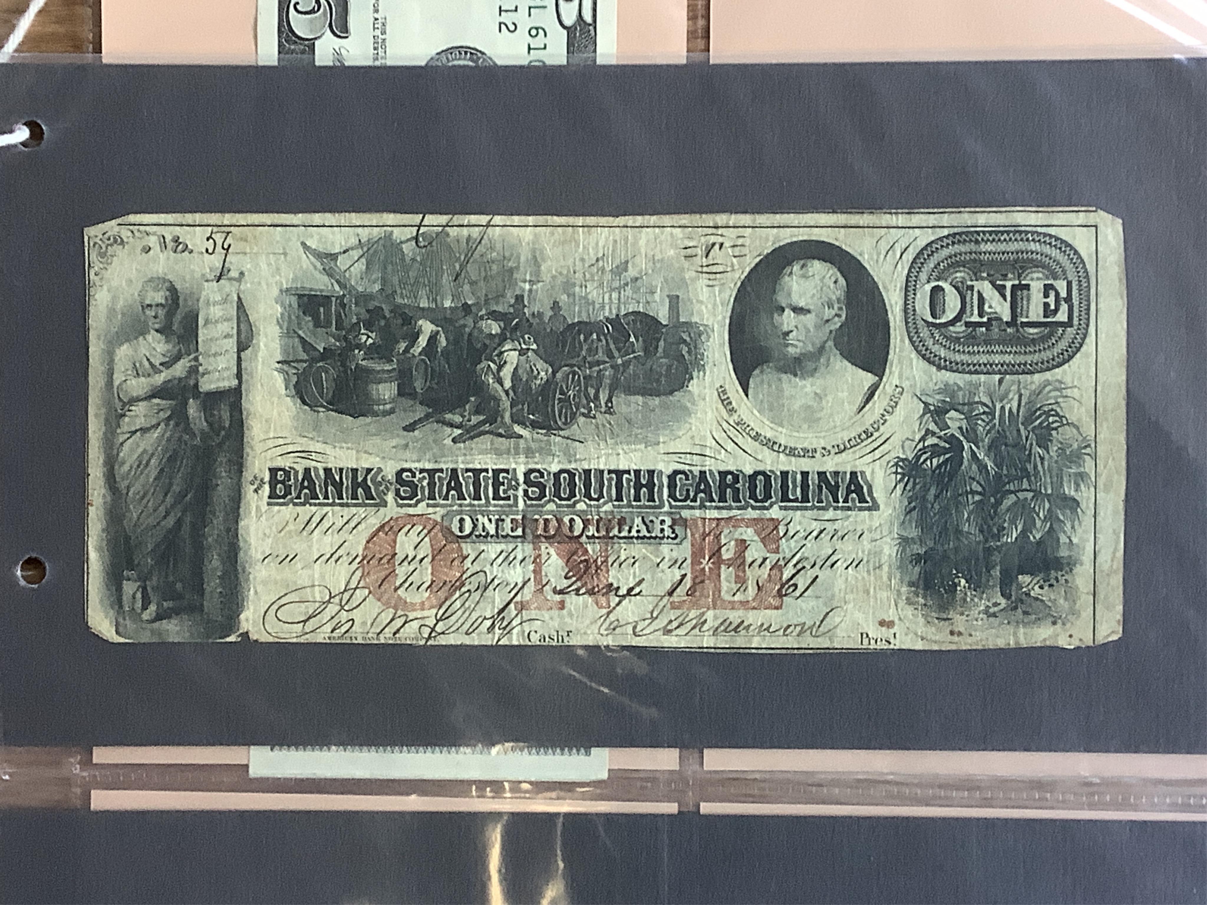 American banknotes; Bank State South Carolina one dollar 1861; Confederate States five dollars 1861; State of Louisiana five dollars 1878, Fractional currency 10c 1870's; Fractional currency 25c; 1917 one dollar etc (11)